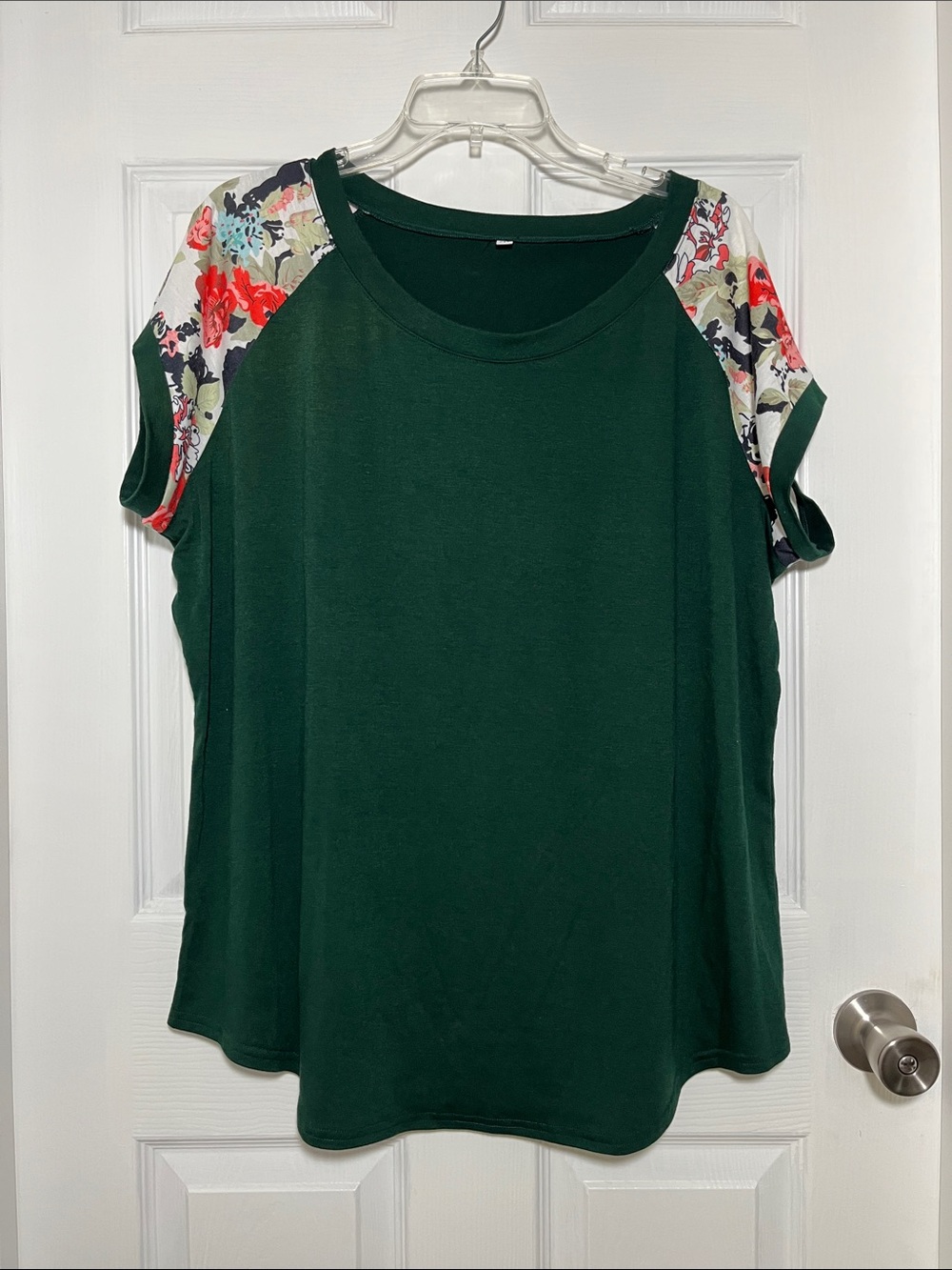 Women’s Forest Green Short Sleeve Tee with Floral Raglan Sleeves